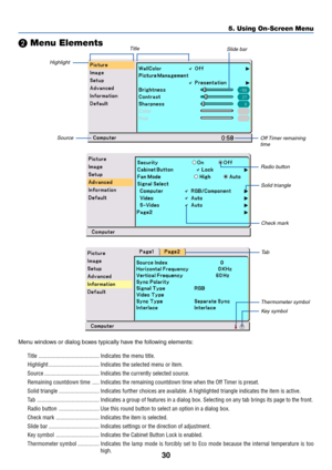 Page 3730
5. Using On-Screen Menu
 Menu Elements
Highlight
TitleSlide bar
Off Timer  remaining
timeSource
Radio button
Solid triangle
Check mark
Ta b
Thermometer symbol
Key symbol
Menu windows or dialog boxes typically have the following elements:
Title .......................................... Indicates the menu title.
Highlight ................................... Indicates the selected menu or item.
Source ...................................... Indicates the currently selected source.
Remaining countdown...