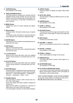 Page 6659
7. Appendix
8. POINTER Button
Not available on this model.
9. PAGE UP/DOWN Buttons*
Use these buttons to operate your computer with the
supplied remote mouse receiver. You can use these
buttons to scroll the viewing area of the window or to
move to the previous or next slide in PowerPoint on
your computer.
10. MENU Button
Displays the menu for various settings and adjust-
ments.
11. Mouse Button
In Mouse mode*, this button works as your computer
mouse.
In Projector mode, this button is used for...