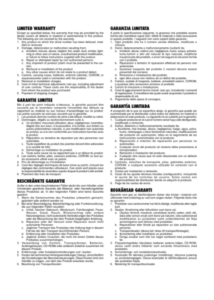 Page 2LIMITED WARRANTYExcept as specified below, the warranty that may be provided by the
dealer covers all defects in material or workmanship in this product.
The following are not covered by the warranty:
1. Any product on which the serial number has been defaced, mod-
ified or removed.
2. Damage, deterioration or malfunction resulting from;
a. Accident, misuse, abuse, neglect, fire, water, dust, smoke, light-
ning or other acts of nature, unauthorized product modification,
or failure to follow instructions...