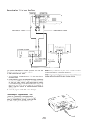 Page 14E-14
VIDEO INS-VIDEO IN
AUDIO OUTLR
AUDIO INLR
VIDEO OUT
S-VIDEO OUT
VCR/ Laser disc player
Connecting Your VCR or Laser Disc Player
Audio equipment
S-Video cable (not supplied)
V
ideo cable (not supplied)
Audio cable(not supplied)
Use common RCA cables (not provided) to connect your VCR, laser
disc player or document camera to your projector.
To  make these connections, simply:
1. Turn off the power to the projector and VCR, laser disc player or
document camera.
2. Connect one end of your RCA cable to...