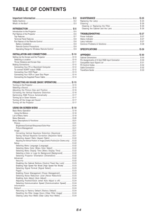 Page 4E-4
TABLE OF CONTENTS
Important Information ........................................... E-2Safety Cautions ........................................................................\
................... E-2
Whats in the Box? ........................................................................\
.............. E-3
INTRODUCTION .................................................... E-5Introduction to the Projector ....................................................................... E-5
Part Names of the...