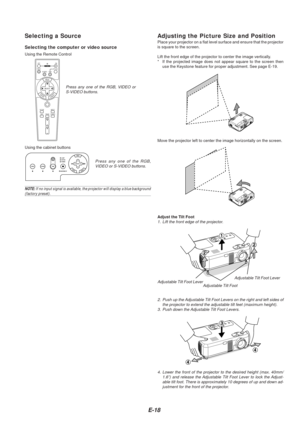 Page 20E-18
Selecting a Source
Selecting the computer or video source
Using the Remote Control
OFFONVIDEOS-VIDEORGB
PJ
MAGNIFY
SELECT
EMNU
TERNENCEACL
AUTO ADJ.
FREEZEPIC-MUTEPICTURE
VOLUME
HELP
ASPECT
POWER
Press any one of the RGB, VIDEO or
S-VIDEO buttons.
Using the cabinet buttons
Adjusting the Picture Size and PositionPlace your projector on a flat level surface and ensure that the project\
or
is square to the screen.
Lift the front edge of the projector to center the image vertically.
* If the projected...