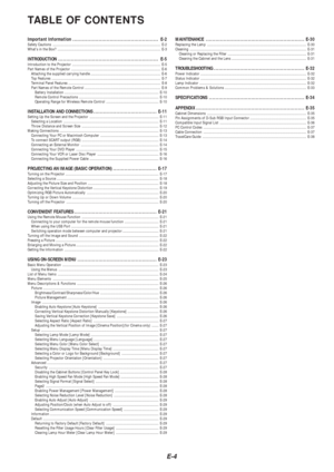 Page 6E-4
TABLE OF CONTENTS
Important Information ..................................................... E-2Safety Cautions ........................................................................\
....................................... E -2
Whats in the Box? ........................................................................\
.................................. E-3
INTRODUCTION .............................................................. E-5Introduction to the Projector...