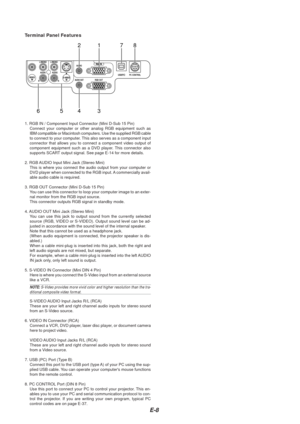 Page 10E-8
1. RGB IN / Component Input Connector (Mini D-Sub 15 Pin)Connect your computer or other analog RGB equipment such as
IBM compatible or Macintosh computers. Use the supplied RGB cable
to connect to your computer. This also serves as a component input
connector that allows you to connect a component video output of
component equipment such as a DVD player. This connector also
supports SCART output signal. See page E-14 for more details.
2. RGB AUDIO Input Mini Jack (Stereo Mini) This is where you...