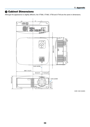 Page 6759
7. Appendix
 Cabinet Dimensions
Although the appearance is slightly different, the VT580, VT480, VT58 and VT48 are the same in dimensions.
SELECT
MENU
EN T
E REXI
TLAMP
STATUS
POWER
ON/STAND BYAUTO ADJ.
SOURCE
ZOOM
FOCUS
S EL
E C TE
N
TE REX ITL A M
P
S TA T
U S
P O W E
RO
N/S
TA
N
D
 B
YA
U
TO
 A
D
J.
S
O
UR
CE
AUDIO OUT
AUDIO IN
COMPUTER 2 IN
COMPUTER 1 INMONITOR  OUT(COMP 1)
AUDIO IN
S-VIDEO
IN
VIDEO IN PC CONTROL
L
R
PUSH
120.8 (4.8)
258.3 (10.2)
65.3 (2.6)
308.7 (12.2)
71.35 (2.8)
83 (3.3)
Lens...