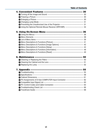 Page 8
vi
Table of Contents
4. Convenient Features ------------------------------------------------------ 30
 Turning off the Image and Sound ------------------------------------------------------------ 30
  Freezing a Picture ------------------------------------------------------------------------\
-------- 30
  Enlarging a Picture ------------------------------------------------------------------------\
------- 30
  Changing Lamp Mode...