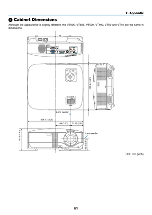 Page 69
61
7. Appendix
 Cabinet Dimensions
Although the appearance is slightly different, the VT695, VT595, VT590, VT490, VT59 and VT49 are the same in
dimensions.
SELECT
MENU
EN TE REXITLAMP
STATUS
POWER
ON/STAND BYAUTO ADJ.
SOURCE
ZOOM
FOCUS
PUSH
120.8 (4.8)
258.3 (10.2)
65.3 (2.6)
308.7 (12.2)
71.35 (2.8)
83 (3.3)
S ELE C TE
N TE REXITL A M P
S TA TU S
P O W ERO
N/S
TA N D B
YAU TO  A
D J.
S
O URCE
AUDIO OUT
AUDIO IN
MONITOR OUT (COMP 1)
COMPUTER 1 IN
AUDIO IN
S-VIDEO
IN
VIDEO IN PC CTRL
L
R
COMPUTER 2...