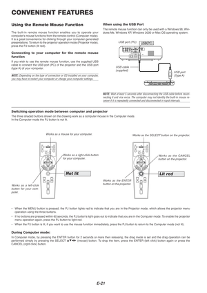 Page 21E-21
OFFONVIDEOS-VIDEORGB
PJ
MAGNIFY
SELECT
EMNU
TERNENCEACL
AUTO ADJ.
FREEZEPIC-MUTEPICTURE
VOLUME
HELP
ASPECT
POWEROFFONVIDEOS-VIDEORGB
PJ
MAGNIFY
SELECT
EMNU
TERNENCEACL
AUTO ADJ.
FREEZEPIC-MUTEPICTURE
VOLUME
HELP
ASPECT
POWER
CONVENIENT FEATURES
Using the Remote Mouse Function
The built-in remote mouse function enables you to operate your
computers mouse functions from the remote control (Computer mode).
It is a great convenience for clicking through your computer-generated
presentations. To return...