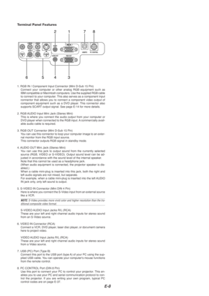 Page 8E-8
1. RGB IN / Component Input Connector (Mini D-Sub 15 Pin)Connect your computer or other analog RGB equipment such as
IBM compatible or Macintosh computers. Use the supplied RGB cable
to connect to your computer. This also serves as a component input
connector that allows you to connect a component video output of
component equipment such as a DVD player. This connector also
supports SCART output signal. See page E-14 for more details.
2. RGB AUDIO Input Mini Jack (Stereo Mini) This is where you...