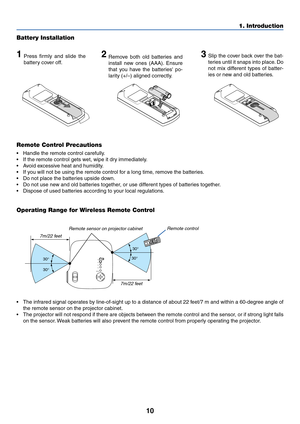 Page 1710
1. Introduction
30°
30°
30° 30°
Remote Control Precautions
•Handle the remote control carefully.
•If the remote control gets wet, wipe it dry immediately.
•Avoid excessive heat and humidity.
•If you will not be using the remote control for a long time, remove the batteries.
•Do not place the batteries upside down.
•Do not use new and old batteries together, or use different types of batteries together.
•Dispose of used batteries according to your local regulations.
Operating Range for Wireless Remote...