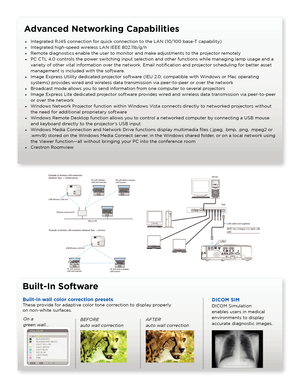 Page 2Built-In Software
DICOM SIM  
DICOM Simulation 
enables users in medical 
environments to display 
accurate diagnostic images.
On a  
green wall...BEFORE  
auto wall correction AFTER  
auto wall correction
Built-in wall color correction presets 
These provide for adaptive color tone correction to display properly  
on non-white surfaces.
Advanced Networking Capabilities
• 
Integrated RJ45 connection for quick connection to the LAN (10/100 base-T capability)
•  Integrated high-speed wireless LAN IEEE...