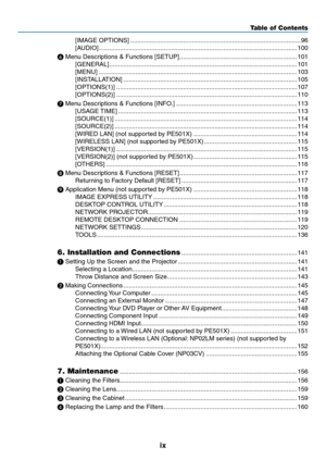 Page 11ix
Table of Contents
[IMAGE	OPTIONS] ........................................................................\
.........................96
[AUDIO]
  ........................................................................\
.........................................100
❻
	Menu	Descriptions	&	Functions	[SETUP]  ...................................................................101
[GENERAL]
  ........................................................................\
...................................101...