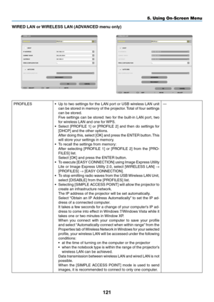 Page 133121
5. Using On-Screen Menu
WIRED	LAN	or	WIRELESS	LAN	(ADVANCED	menu	only)
PROFILES•	 Up	to	two	 settings	 for	the	 LAN	 port	or	USB	 wireless	 LAN	unit	
can	be	stored	 in	memory	 of	the	 projector. 	Total	 of	four	 settings	
can be stored.
	 Five	 settings	 can	be	stored: 	two	 for	the	 built-in	 LAN	port,	 two	
for	wireless	LAN	and	one	for	 WPS.
•	 Select	[PROFILE	 1]	or	 [PROFILE	 2]	and	 then	 do	settings	 for	
[DHCP]	and	the	other	options. 	
	 After	doing	this,	select	 [OK]	and	press	 the	ENTER...