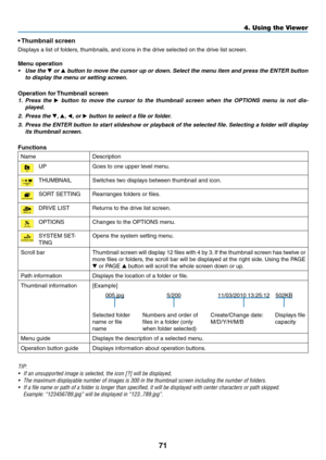 Page 8371
4. Using the Viewer
•	Thumbnail	screen
Displays	a	list	of	folders,	thumbnails,	and	icons	in	the	drive	selected	on	the	drive	list	screen.
Menu	operation
•	 Use	 the	▼ or ▲	button	 to	move	 the	cursor	 up	or	down. 	Select	 the	menu	 item	and	press	 the	ENTER	 button	
to	display	the	menu	or	setting	screen.
Operation	for	 Thumbnail	screen
1. Press  the ▶	button 	to	 move	 the	cursor 	to	 the	 thumbnail	 screen	when	the	OPTIONS	 menu	is	not 	dis-
played.
2.  Press the ▼,  ▲, ◀, or ▶	button	to	select	a	file...