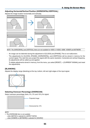 Page 10795
5. Using On-Screen Menu
Adjusting	Horizontal/Vertical	Position	[HORIZONTAL/VERTICAL]
Adjusts	the	image	location	horizontally	and	vertically.
NOTE:	The	[HORIZONTAL]	and	[VERTICAL]	items	are	not	available	for	VIDEO,	S-VIDEO,	HDMI,	VIEWER	and	NETWORK.
-	 An	image	can	be	distorted	during	the	adjustment	of	[CLOCK]	and	[PHASE].	This	is	not	malfunction.
-	 The	 adjustments	 for	[CLOCK],	 [PHASE],	[HORIZONTAL],	 and	[VERTICAL]	 will	be	stored	 in	memory	 for	the	
current	 signal.	The	 next	 time	 you	project...