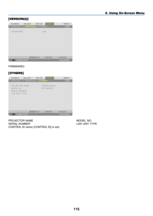 Page 127115
5. Using On-Screen Menu
[VERSION(2)]
FIRMWARE3
[OTHERS]
PROJECTOR	NAME	MODEL	NO.	
SERIAL	NUMBER	 LAN	UNIT	 TYPE	
CONTROL	ID	(when	[CONTROL	ID]	is	set) 