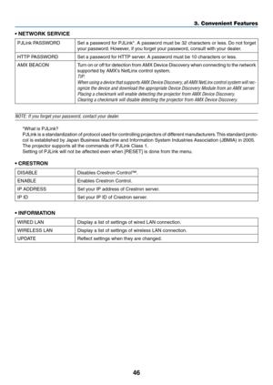 Page 5846
3. Convenient Features
•	NETWORK	SERVICE
PJLink	PASSWORDSet	a	password	 for	PJLink*. 	A	 password	 must	be	32	characters	 or	less. 	Do	 not	 forget	
your	password. 	However,	if	you	forget	your	password,	consult	with	your	dealer.
HTTP	PASSWORDSet	a	password	for	HTTP	server. 	A	password	must	be	10	characters	or	less.
AMX	BEACONTurn	on 	or 	off 	for 	detection 	from 	AMX 	Device 	Discovery 	when 	connecting 	to 	the 	network	
supported	by	AMX’s	NetLinx	control	system.
TIP:	
When	 using	a	device	 that...