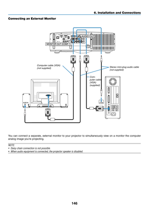 Page 158146
6. Installation and Connections
Connecting an External Monitor
You	can	connect	 a	separate,	 external	monitor	to	your	 projector	 to	simultaneously	 view	on	a	monitor	 the	computer	
analog	image	you’re	projecting.
NOTE:
•	 Daisy	chain	connection	is	not	possible.
•	 When	audio	equipment	is	connected,	the	projector	speaker	is	disabled.
Com-
puter cable 
(VGA) 
(supplied) Stereo mini-plug audio cable 
(not supplied)
Computer cable (VGA) (not supplied) 