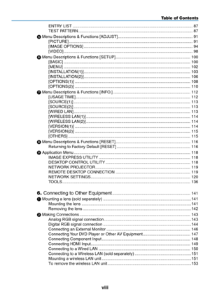 Page 10viii
Table of Contents
ENTRY	LIST ........................................................................\
..................................87
TEST	PATTERN ........................................................................\
.............................87
	Menu	Descriptions	&	Functions	[ADJUST] ..................................................................91
[PICTURE]
  ........................................................................\
.....................................91
[IMAGE...