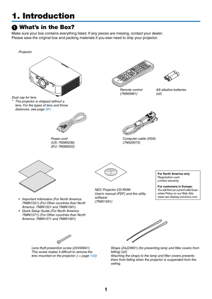 Page 131
Projector
1. Introduction
1 What’s in the Box?
Make	sure	your	box	contains	everything	listed.	If	any	pieces	are	missing,	contact	your	dealer.
Please	save	the	original	box	and	packing	materials	if	you	ever	need	to	ship	your	projector.
Power cord(US: 7N080236)
(EU: 7N080022)
Lens theft prevention screw (24V00841)
This screw makes it difficult to remove the 
lens mounted on the projector. (→ page 142) Straps (24J23901) (for preventing lamp and filter covers from 
falling) (x2)
Attaching the straps to the...