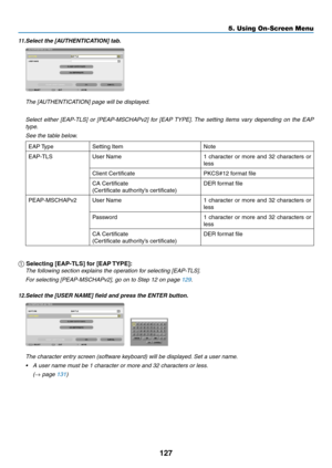 Page 139127
5. Using On-Screen Menu
11.	Select	the	[AUTHENTICATION]	tab.
 The [AUTHENTICATION] page will be displayed.
 Select  either  [EAP-TLS]  or  [PEAP-MSCHAPv2]  for  [EAP TYPE]. The  setting  items  vary  depending  on  the  EAP 
type.
 See the table below.
EAP	 TypeSetting	ItemNote
EAP-TLS
User	Name1	 character	 or	more	 and	32	characters	 or	
less
Client	CertificatePKCS#12	format	file
CA	Certificate
(Certificate	authority’s	certificate)
DER	format	file
PEAP-MSCHAPv2User	Name1	character	 or	more	 and	32...