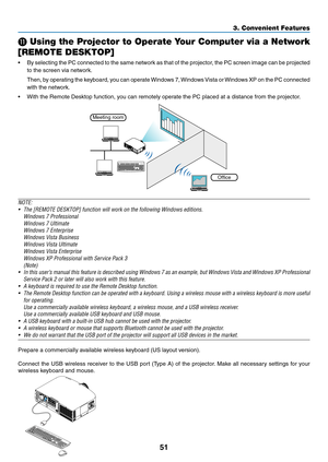 Page 6351
3. Convenient Features
 Using the Projector to Operate Your Computer via a Network 
[REMOTE DESKTOP]
•	 By	 selecting	 the	PC	connected	 to	the	 same	 network	 as	that	 of	the	 projector,	 the	PC	screen	 image	can	be	projected	
to	the	screen	via	network.
	 Then,	 by	operating	 the	keyboard,	 you	can	 operate	 Windows	 7,	Windows	 Vista	or	Windows	 XP	on	the	 PC	connected	
with	the	network.
•	 With	the	Remote	Desktop	function,	you	can	remotely	operate	the	PC	placed	at	a	distance	from	the	projector....