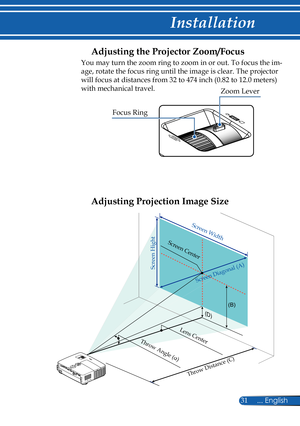 Page 38
31... English

Installation

 Adjusting the Projector Zoom/Focus
You may turn the zoom ring to zoom in or out. To focus the im-
age, rotate the focus ring until the image is clear. The projector 
will focus at distances from 32 to 474 inch (0.82 to 12.0 meters) 
with mechanical travel.Zoom Lever
Focus Ring
Adjusting Projection Image Size
Screen Width
Screen Hight
Screen Center
Screen Diagonal (A)
Throw Angle 
(α)
Lens Center
(D)
(B)
Throw Distance (C) 