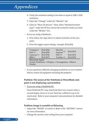 Page 63
56English ...

Appendices

 4.   Verify the resolution setting is less than or equal to 1280 x 1024 
resolution.
  5.   Select the “Change” under the “Monitor” tab .
  6.   Click on “Show all devices”. Next, select “Standard monitor 
types” under the SP box; choose the resolution mode you need 
under the “Models” box. 
 If you are using a Notebook:
  1.   First, follow the steps above to adjust resolution of the com
-
puter.
  2. Press the toggle output settings. example: [Fn]+[F4]
   
   If you...