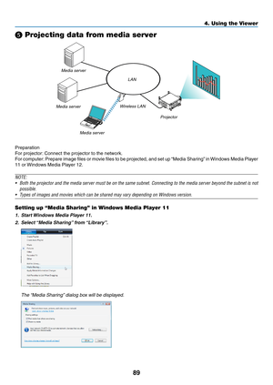 Page 10389
4. Using the Viewer
❺ Projecting data from media server
LAN
Media server Media server Wireless	LAN
Media server
Projector
Preparation
For	projector:	Connect	the	projector	to	the	network.
For	computer: 	Prepare	 image	files	or	movie	 files	to	be	 projected,	 and	set	up	“Media	 Sharing” 	in	 Windows	 Media	Player	
11	or	Windows	Media	Player	12.
NOTE: 
•	 Both	 the	projector	 and	the	media	 server	 must	be	on	 the	 same	 subnet.	 Connecting	 to	the	 media	 server	 beyond	 the	subnet	 is	not	
possible.
•...