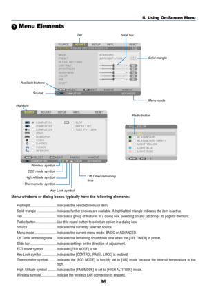 Page 11096
5. Using On-Screen Menu
 Menu Elements
Slide	bar
Solid	triangle
Menu mode
Tab
Radio	button
ECO	mode	symbol
Wireless	symbol
Menu	windows	or	dialog	boxes	typically	have	the	following	elements:
Highlight �����������������������������Indicates the selected menu or item� 
Solid triangle  ����������������������Indicates further choices are available� A highlighted triangle indicates the item is active� 
Tab ��������������������������������������Indicates a group of features in a dialog box� Selecting on...