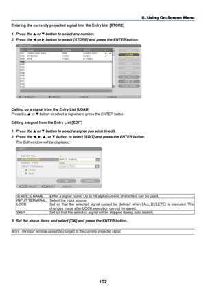 Page 116102
5. Using On-Screen Menu
Entering	the	currently	projected	signal	into	the	Entry	List	[STORE]
1.	 Press	the	 or 	button	to	select	any	number.
2.	 Press	the	 or 	button	to	select	[STORE]	and	press	the	ENTER	button.
 
Calling	up	a	signal	from	the	Entry	List	[LOAD]
Press	the		or		button	to	select	a	signal	and	press	the	ENTER	button.
Editing	a	signal	from	the	Entry	List	[EDIT]
1.	 Press	the	 or 	button	to	select	a	signal	you	wish	to	edit.
2.	 Press	the	, , , or 	button	to	select	[EDIT]	and...