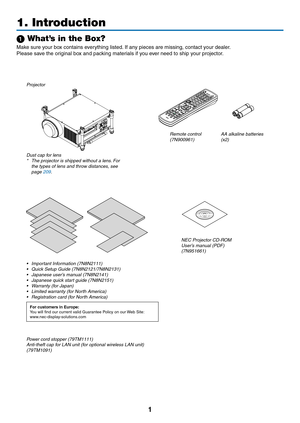 Page 151
Projector
1. Introduction
1 What’s in the Box?
Make	sure	your	box	contains	everything	listed.	If	any	pieces	are	missing,	contact	your	dealer.
Please	save	the	original	box	and	packing	materials	if	you	ever	need	to	ship	your	projector.
Power cord stopper (79TM1111)
Anti-theft cap for LAN unit (for optional wireless LAN unit) 
(79TM1091)
NEC Projector CD-ROMUser’s manual (PDF)
(7N951661)
•	 Important	Information	(7N8N2111)•	 Quick	Setup	Guide	(7N8N2121/7N8N2131)•	 Japanese	user’s	manual	(7N8N2141)•...