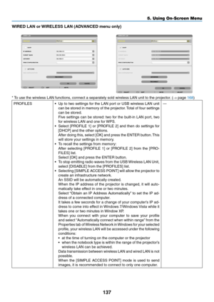 Page 151137
5. Using On-Screen Menu
WIRED	LAN	or	WIRELESS	LAN	(ADVANCED	menu	only)
*	To	use	the	wireless	LAN	functions,	connect	a	separately	sold	wireless	LAN	unit	to	the	projector. 	(→	page	168)
PROFILES•	 Up	to	two	 settings	 for	the	 LAN	 port	or	USB	 wireless	 LAN	unit	
can	be	stored	 in	memory	 of	the	 projector. 	Total	 of	four	 settings	
can	be	stored.
	 Five	 settings	 can	be	stored: 	two	 for	the	 built-in	 LAN	port,	 two	
for	wireless	LAN	and	one	for	 WPS.
•	 Select	[PROFILE	 1]	or	 [PROFILE	 2]	and...