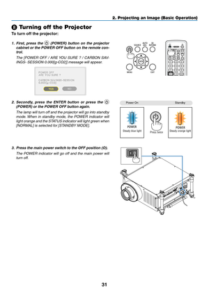 Page 4531
2. Projecting an Image (Basic Operation)
 Turning off the Projector
To turn off the projector:
1.	 First,	press	 the		(POWER)	 button	on	the	 projector	
cabinet	 or	the	 POWER	 OFF	button	 on	the	 remote	 con-
trol. 
	 The	 [POWER	 OFF	/	ARE	 YOU	 SURE	 ?	/	CARBON	 SAV-
INGS-	SESSION	0.000[g-CO2]]	message	will	appear.
2.	 Secondly, 	press 	the 	ENTER 	button 	or 	press 	the 	 
(POWER)	or	the	POWER	OFF	button	again.
	 The	 lamp	will	turn	 off	and	 the	projector	 will	go	into	 standby	
mode. 	When	 in...