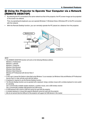 Page 7763
3. Convenient Features
 Using the Projector to Operate Your Computer via a Network 
[REMOTE DESKTOP]
•	 By	 selecting	 the	PC	connected	 to	the	 same	 network	 as	that	 of	the	 projector,	 the	PC	screen	 image	can	be	projected	
to	the	screen	via	network.
	 Then,	 by	operating	 the	keyboard,	 you	can	 operate	 Windows	 7,	Windows	 Vista	or	Windows	 XP	on	the	 PC	connected	
with	the	network.
•	 With	the	Remote	Desktop	function,	you	can	remotely	operate	the	PC	placed	at	a	distance	from	the	projector....