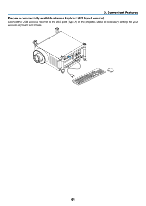 Page 7864
3. Convenient Features
Prepare	a	commercially	available	wireless	keyboard	(US	layout	version).
Connect	the	USB	 wireless	 receiver	to	the	 USB	 port	(Type	 A)	of	the	 projector. 	Make	 all	necessary	 settings	for	your	
wireless	keyboard	and	mouse. 