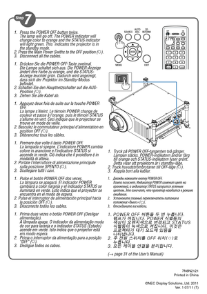 Page 61. Press the POWER OFF button twice.
  The lamp will go off. The POWER indicator will 
change color to orange and the STATUS indicator 
will light green. This  indicates the projector is in 
the standby mode.
2. Press the Main Power Swithc to the OFF position ( •
).
3.  Disconnect all the cables.
1.  Drücken Sie die POWER-OFF-Taste zweimal.
  Die Lampe schaltet sich aus. Die POWER-Anzeige 
ändert ihre Farbe zu orange, und die STATUS-
Anzeige leuchtet grün. Dadurch wird angezeigt, 
dass sich der Projektor...