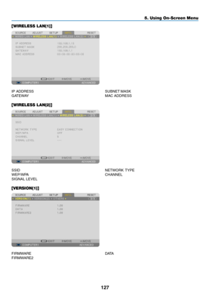 Page 141127
5. Using On-Screen Menu
[WIRELESS LAN(1)]
IP	ADDRESS	SUBNET	MASK	
GATEWAY	 MAC	ADDRESS
[WIRELESS LAN(2)]
SSID	NETWORK	TYPE	
WEP/WPA	 CHANNEL	
SIGNAL	LEVEL
[VERSION(1)]
FIRMWARE	DATA	
FIRMWARE2 