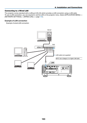 Page 177163
6. Installation and Connections
Connecting to a Wired LAN
The	projector	comes	standard	with	a	LAN	port	(RJ-45)	which	provides	a	LAN	connection	using	a	LAN	cable.	
To	use	 a	LAN	 connection,	 you	are	required	 to	set	 the	 LAN	 on	the	 projector	 menu.	Select	 [APPLICATION	 MENU]	→ 
[NETWORK	SETTINGS]	→	[WIRED	LAN].	(→	page	134).
Example of LAN connection
Example	of	wired	LAN	connection
Server
Hub
LAN cable (not supplied)
NOTE:	Use	a	Category	5	or	higher	LAN	cable. 