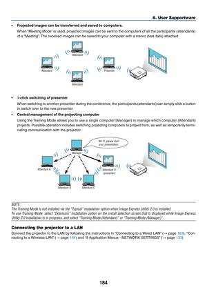 Page 198184
8. User Supportware
•	 Projected	images	can	be	transferred	and	saved	to	computers.
	 When	“Meeting	Mode”	is	 used,	 projected	 images	can	be	sent	 to	the	 computers	 of	all	 the	 participants	 (attendants)	
of	a	“Meeting”. 	The	received	images	can	be	saved	to	your	computer	with	a	memo	(text	data)	attached.
Presenter
Attendant
Attendant Attendant
•	 1-click	switching	of	presenter
	 When	switching	to	another	 presenter	 during	the	conference,	 the	participants	 (attendants)	 can	simply	 click	a	button...