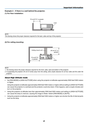 Page 68vi
Important Information
Example 2 – If there is a wall behind the projector.
(1) For floor installation:
70 cm/27.6" or greaterLens
NOTE:
The drawing shows the proper clearance required for the back, sides and \
top of the projector.
(2) For ceiling mounting:
Ceiling mount unit30 cm/12" or 
greater
70 cm/27.6"  or greater Lens
NOTE:
1. The drawing shows the proper clearance required for the front, sides, ba\
ck and bottom of the projector.
2. If suspending the projector 30 cm/12 inches away...