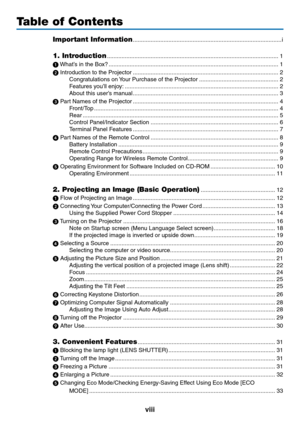 Page 70viii
Table of Contents
Important Information ........................................................................\
....................i
1. Introduction  ........................................................................\
..................................1
1
	 What’s	in	the	Box? ........................................................................\
.................................1

	Introduction	to	the	Projector  ........................................................................\...