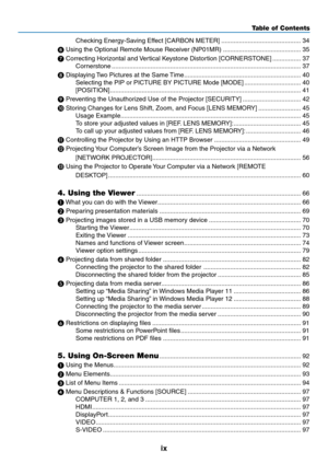 Page 71ix
Table of Contents
Checking	Energy-Saving	Effect	[CARBON	METER] .............................................34

	Using	the	Optional	Remote	Mouse	Receiver	(NP01MR)  ............................................35

	Correcting	Horizontal	and	 Vertical	Keystone	Distortion	[CORNERSTONE] ................37
Cornerstone
  ........................................................................\
...................................37

	Displaying	 Two	Pictures	at	the	Same	 Time...