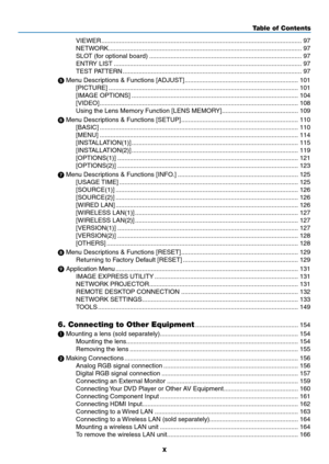 Page 72x
Table of Contents
VIEWER ........................................................................\
.........................................97
NETWORK
  ........................................................................\
.....................................97
SLOT	(for	optional	board)  ........................................................................\
..............97
ENTRY	LIST ........................................................................\
..................................97...