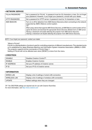 Page 1055
3. Convenient Features
•	NETWORK	SERVICE
PJLink	PASSWORDSet	a	password	 for	PJLink*. 	A	 password	 must	be	32	characters	 or	less. 	Do	 not	 forget	
your	password. 	However,	if	you	forget	your	password,	consult	with	your	dealer.
HTTP	PASSWORDSet	a	password	for	HTTP	server. 	A	password	must	be	10	characters	or	less.
AMX	BEACONTurn	on 	or 	off 	for 	detection 	from 	AMX 	Device 	Discovery 	when 	connecting 	to 	the 	network	
supported	by	AMX’s	NetLinx	control	system.
TIP:	
When	 using	a	device	 that...