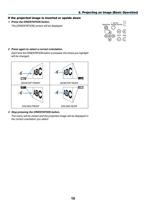 Page 9319
2. Projecting an Image (Basic Operation)
If the projected image is inverted or upside down
1	 Press	the	ORIENTATION	button.	
	 The	[ORIENTATION]	screen	will	be	displayed.
2	 Press	again	to	select	a	correct	orientation.
	 Each	time	 the	ORIENTATION 	button 	is 	pressed,	 the	choice	 you	highlight 	
will be changed.
 
DESKTOP FRONTDESKTOP REAR
CEILING	FRONTCEILING	REAR
3	 Stop	pressing	the	ORIENTATION	button.
 The menu will be closed and the projected image will be displayed in 
the correct orientation...