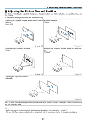 Page 9521
2. Projecting an Image (Basic Operation)
 Adjusting the Picture Size and Position
Use	the	lens	 shift	dial,	the	adjustable	 tilt	foot	 lever,	 the	zoom	 buttons	 and	the	focus	 buttons	 to	adjust	 the	picture	 size	
and	position.
In	this	chapter	drawings	and	cables	are	omitted	for	clarity.
Adjusting	 the	projected	 image’s	vertical	and	horizontal	
position
[Lens	shift]
Adjusting	the	focus
[Focus]
(→ page 22) (→ page 24)
Finely	adjusting	the	size	of	an	image
[Zoom]
Adjusting	the 	projected 	image’s...