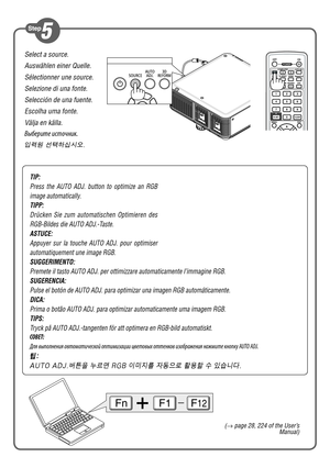 Page 3Select a source.
Auswählen einer Quelle.
Sélectionner une source.
Selezione di una fonte.
Selección de una fuente.
Escolha uma fonte.
Välja en källa.
Выберите источник.
입력원 선택하십시오.
FnF1F12
(→ page 28, 224 of the User’s Manual)
TIP:
Press  the  AUTO  ADJ.  button  to  optimize  an  RGB 
image automatically.
TIPP:
Drücken  Sie  zum  automatischen  Optimieren  des 
RGB-Bildes die AUTO ADJ.-Taste.
ASTUCE:
Appuyer  sur  la  touche  AUTO  ADJ.  pour  optimiser 
automatiquement une image RGB.
SUGGERIMENTO:...