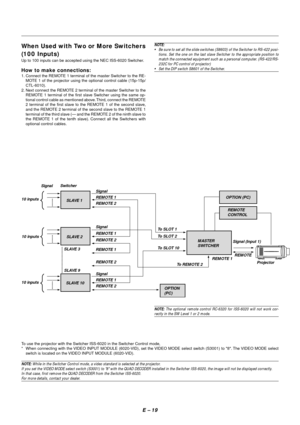 Page 26E – 19
When Used with Two or More Switchers
(100 Inputs)
Up to 100 inputs can be accepted using the NEC ISS-6020 Switcher.
How to make connections:
1. Connect the REMOTE 1 terminal of the master Switcher to the RE-
MOTE 1 of the projector using the optional control cable (15p-15p/
CTL-6010).
2. Next connect the REMOTE 2 terminal of the master Switcher to the
REMOTE 1 terminal of the first slave Switcher using the same op-
tional control cable as mentioned above. Third, connect the REMOTE
2 terminal of...
