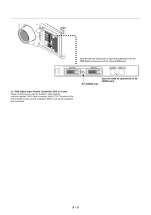 Page 12E – 5
OUTPUT OUTPUT
RGBDIGITAL
INPUT9 INPUT 0
SDI
11
aaaaaaaaaaaaaaaaaaaaaaa
11. RGB Digital Input/Output Connectors (DVI-D 24 pin)
These connectors are used for double or triple stacking.
Use the supplied DVI-D cable to connect the OUTPUT terminal of the
first projector to the second projectors INPUT until all the projectors
are connected.Push the left side of the panel to open the compartment for the
RGB Digital connectors and the optional SDI board.
Space to install the optional SDI or SX
HDSDI...